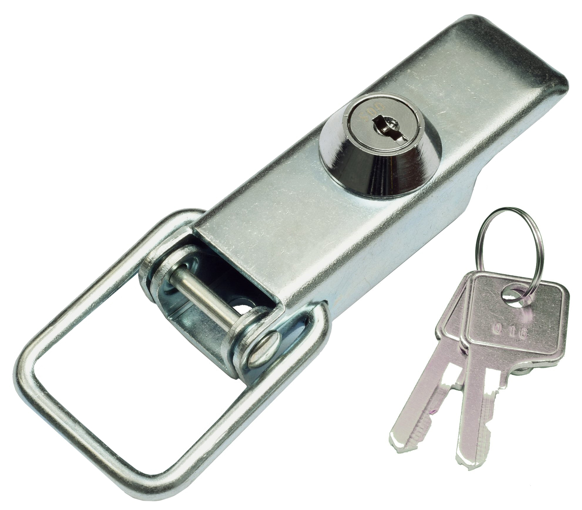A photo of a metal HL113-K toggle latch with keys, manufactured by Sandfield Engineering