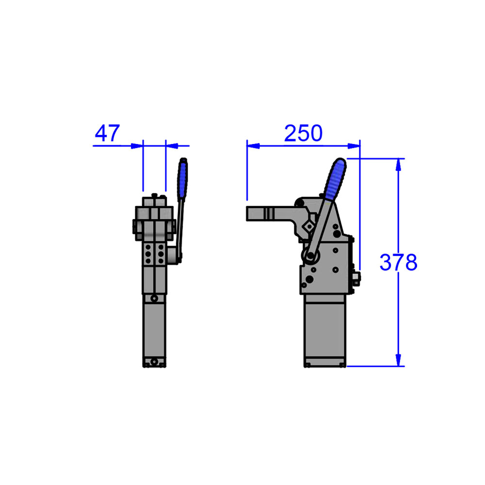 Technical illustration showing the dimensions of a XM50.HO Pneumatic toggle clamp