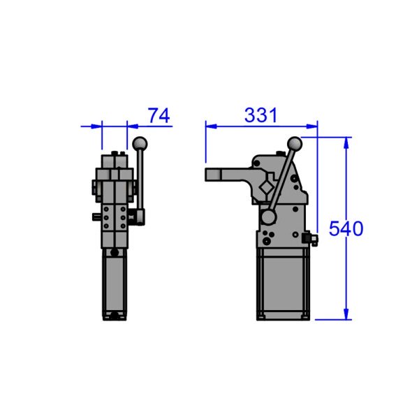 Technical measurements and drawing of Sandfield engineering's Pneumatic Toggle Clamp XM80