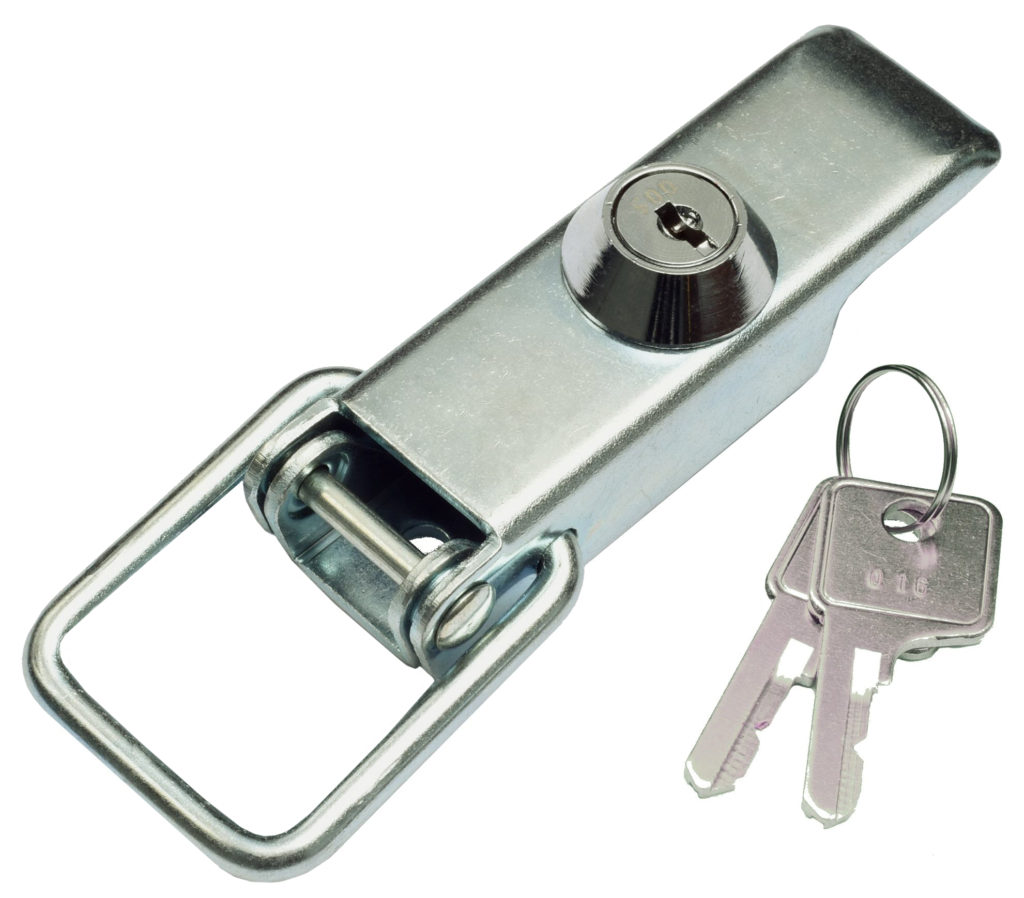 A photo of a metal HL113-K toggle latch with keys, manufactured by Sandfield Engineering