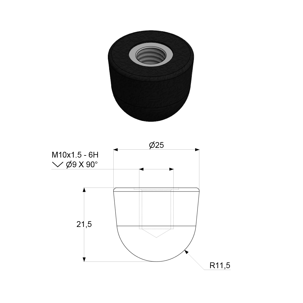 3D render of a neoprene tip with internal threading and a schematic illustration with measurements below.