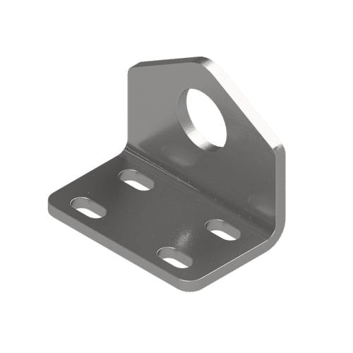Metal bracket with drill holes and a large hole. metal bracket is bent at a 90 degree angle.