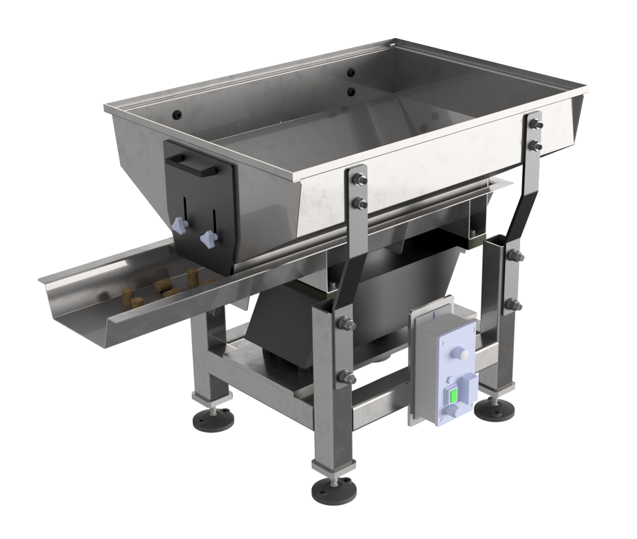 This is a trough shape with a chute at the bottom and a controller attached on the side. This is a hopper to process products from Sandfield Engineering