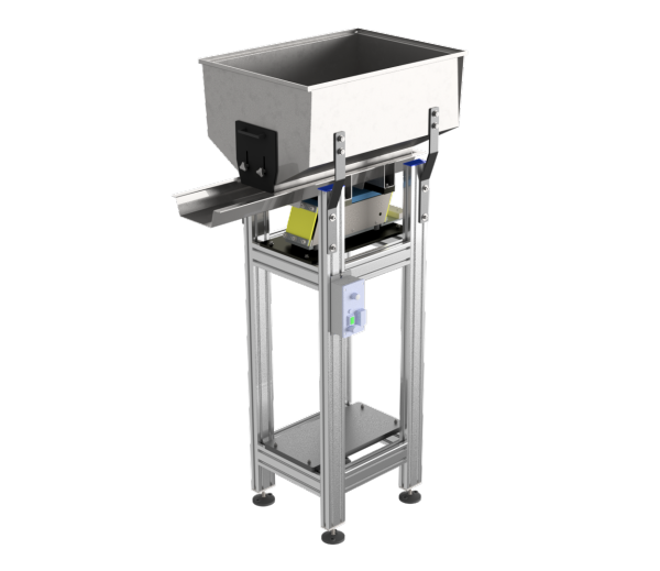 A small tall hopper with a chute at the bottom, there is a small vibrator unit under neath, this is sat on top of tall framed legs.