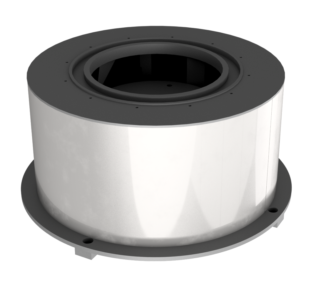 A tall cylinder shaped block with a base plate and opening at the top. Uk Engineered element called BDU-400