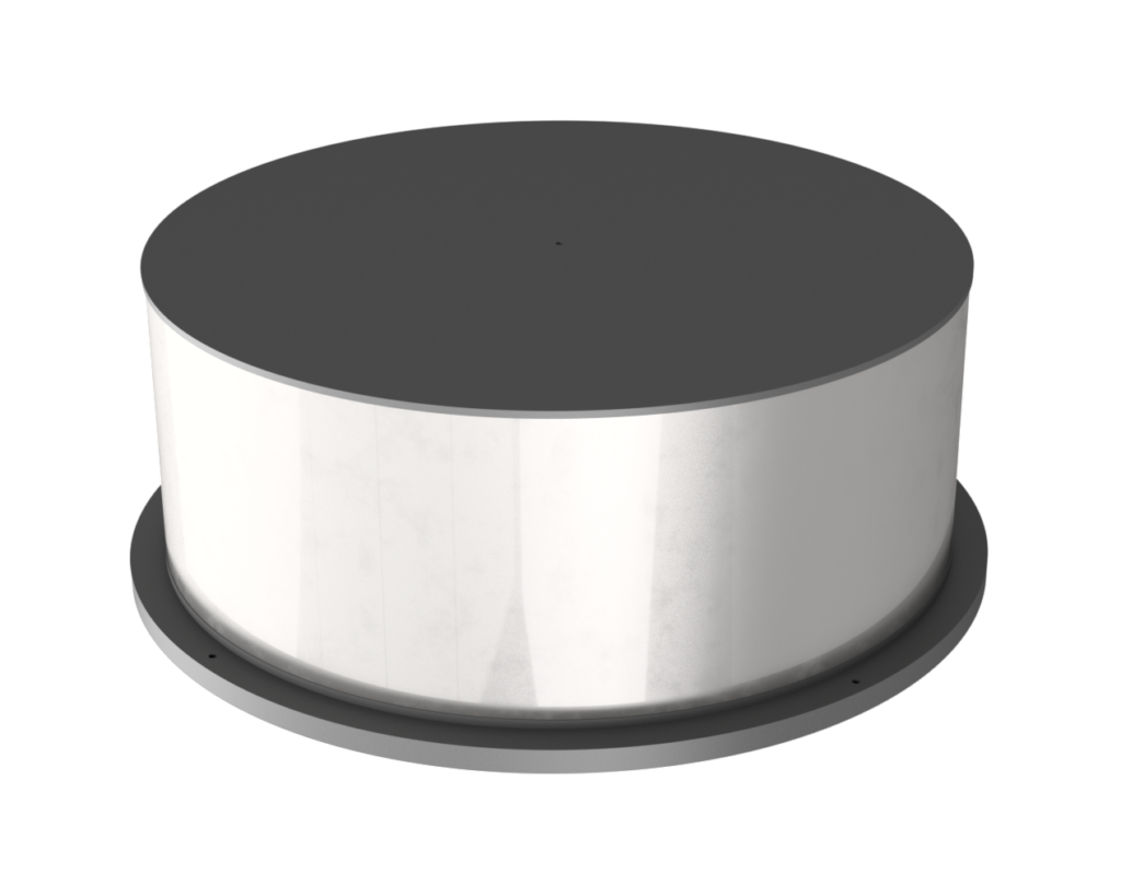 A wide cylinder shaped block with a base plate and dark metal top. Uk Engineered element called BDU-630