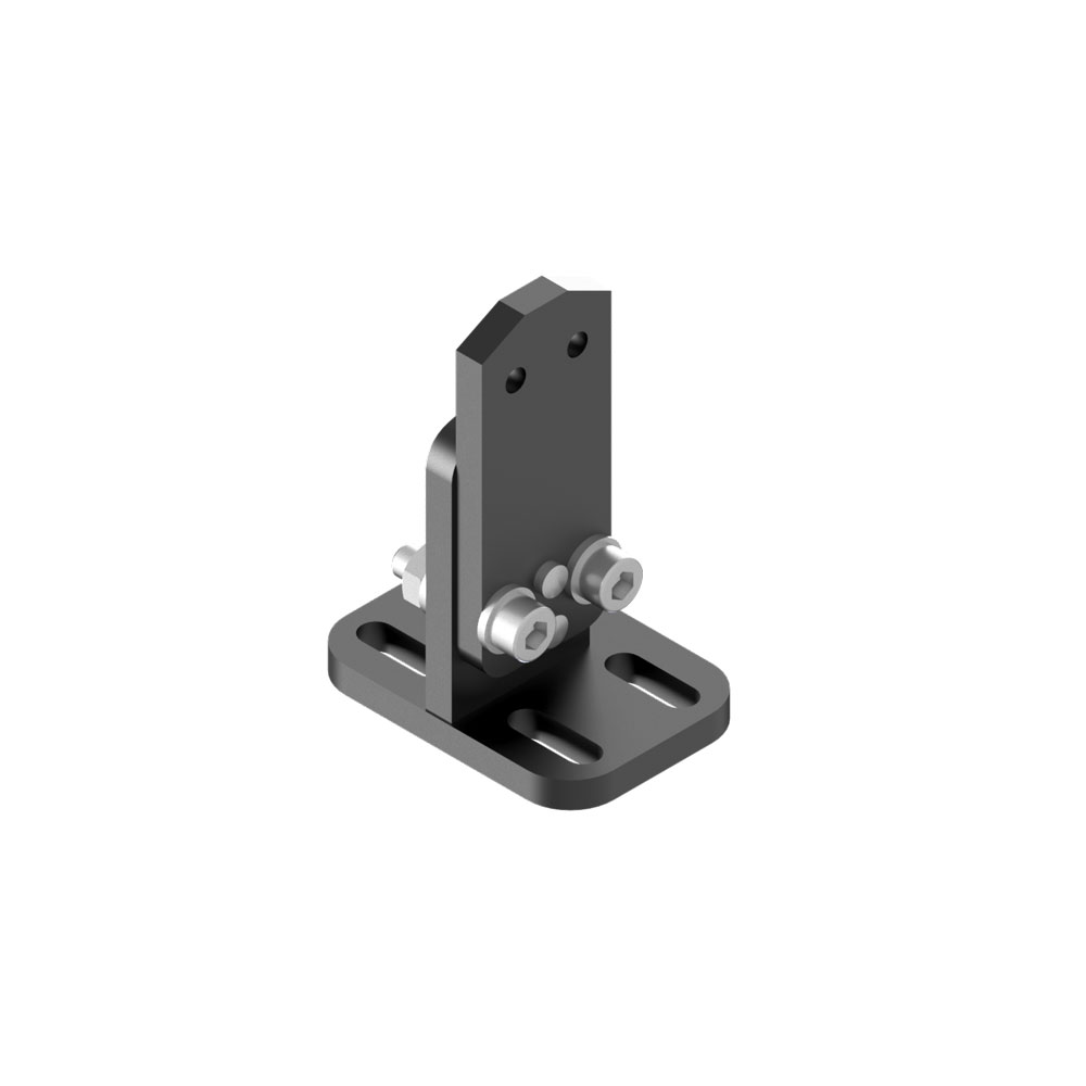 Shows a tall black metal piece of equipment that has two bolts and empty slots for screws either side of a the base plate.