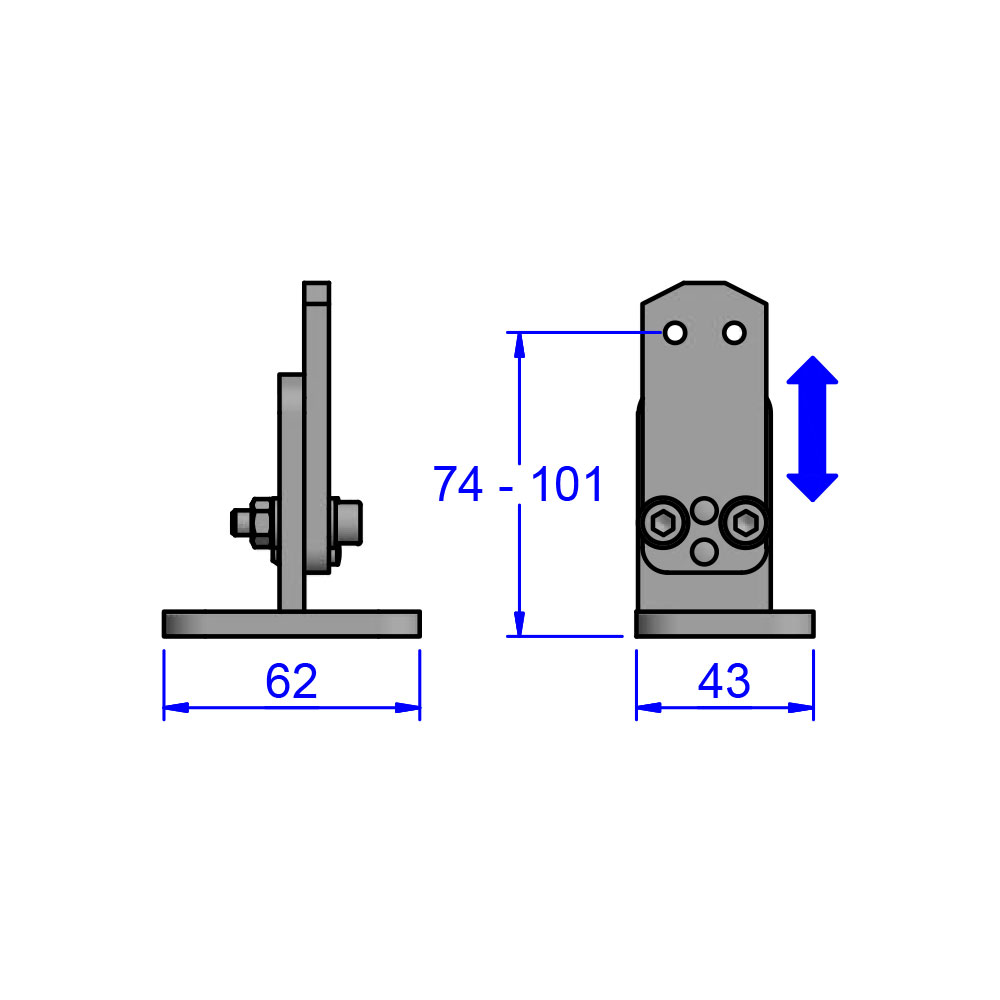 A digital illustration showing a product called a CMBS60, this is a bracket that a toggle clamp unit will attach to.