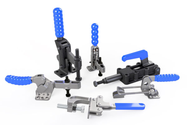 A collection of dark and silver alloy based engineered toggle clamps with blue handles. Distributed and created by Sandfield Engineering based in the UK. A image relating to a blog.